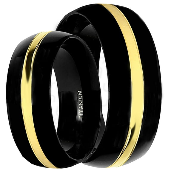His Her Couples Wedding Ring Set Matching Black Gold Plate Titanium Wedding Bands for Couples Bride Grooms Sizes 10 9