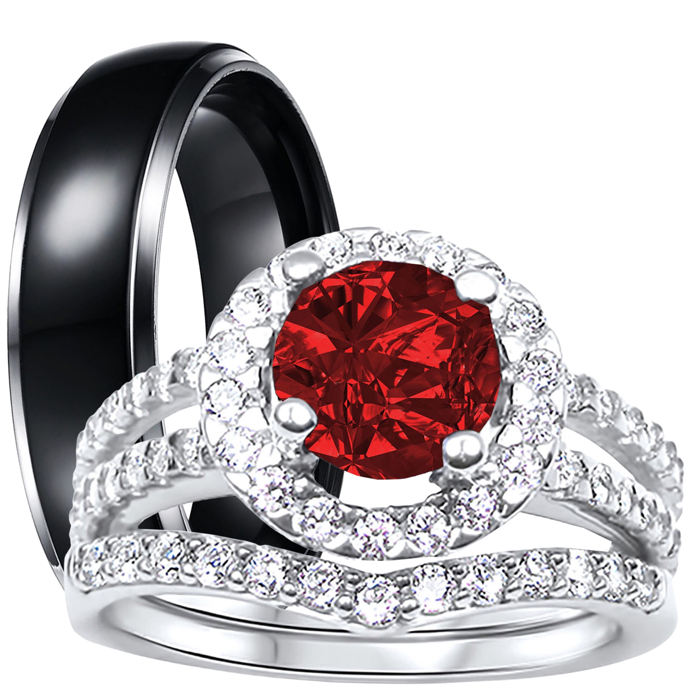 His Her Couples Wedding Rings Ruby Red CZ Black Silver Wedding Engagement Couples Rings Set 6 10