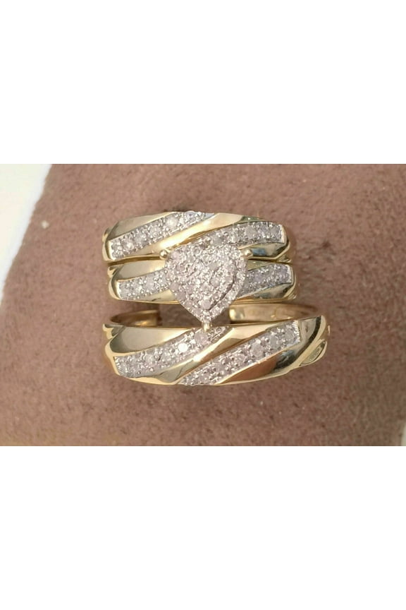 His Her Heart Round Cut Diamond 14K Yellow Gold Plated Wedding Bridal Trio Ring Set -13