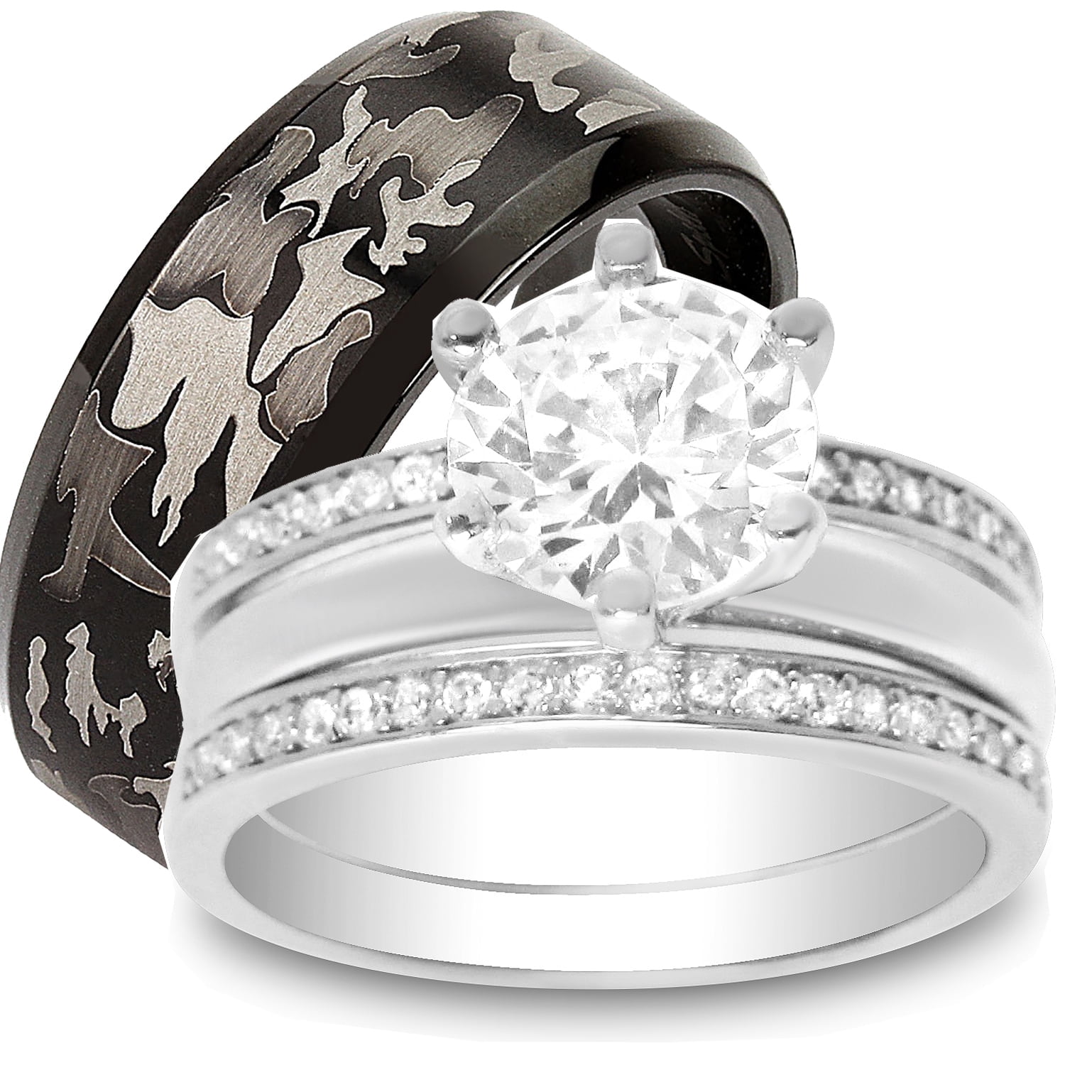 His & Hers Red Camo Wedding Ring Set - Stainless Steel Bands & Sterling Silver Ruby CZ Engagement Ring - View #6