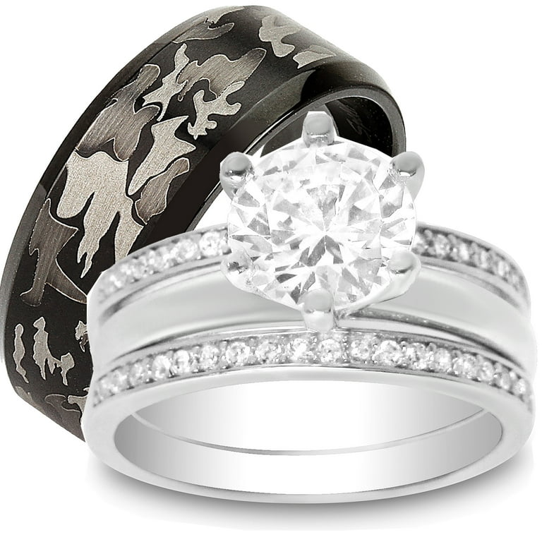 His Her Sterling Silver Carat CZ Bridal Set Men's Black