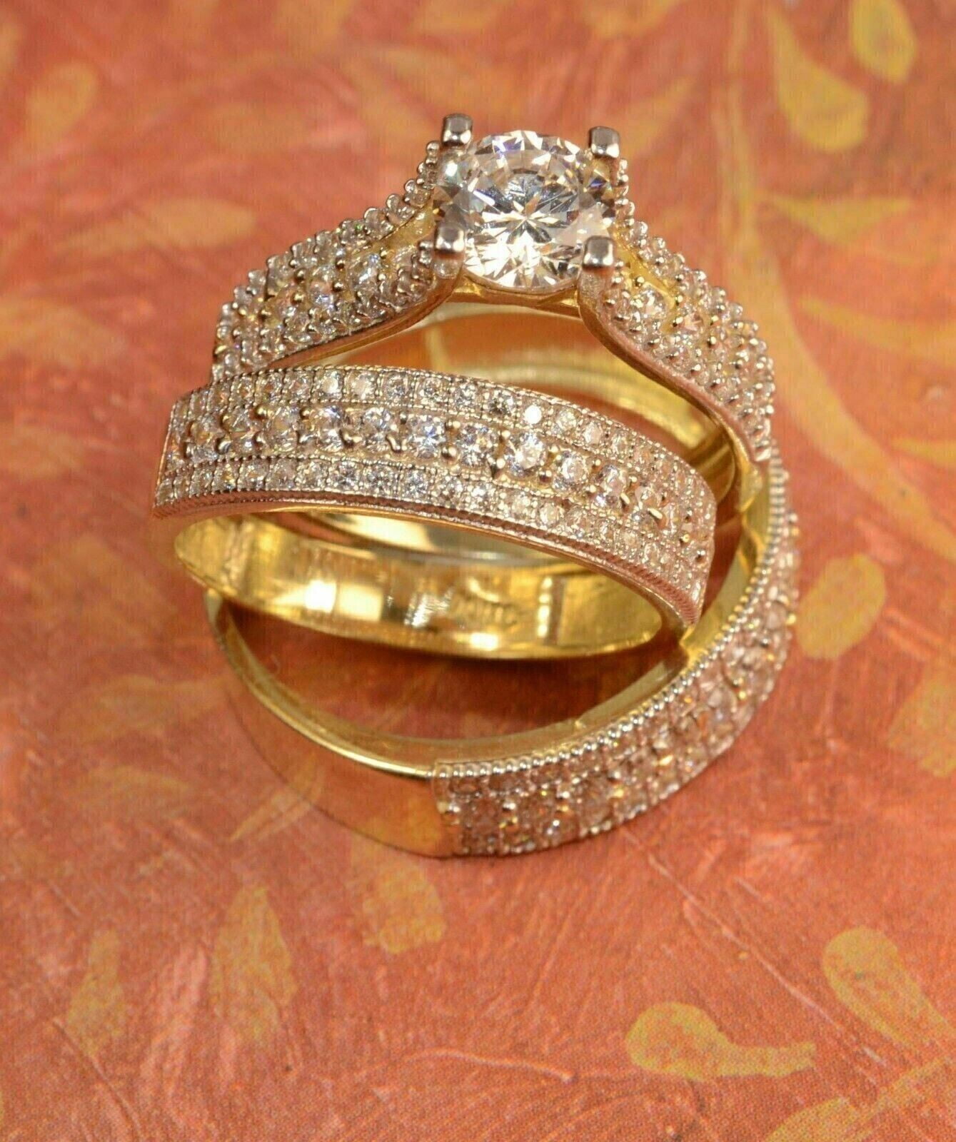 His \u0026 Her Trio Wedding Ring Set 2Ct Round Cut Simulated Diamond 14K Yellow Gold Plated