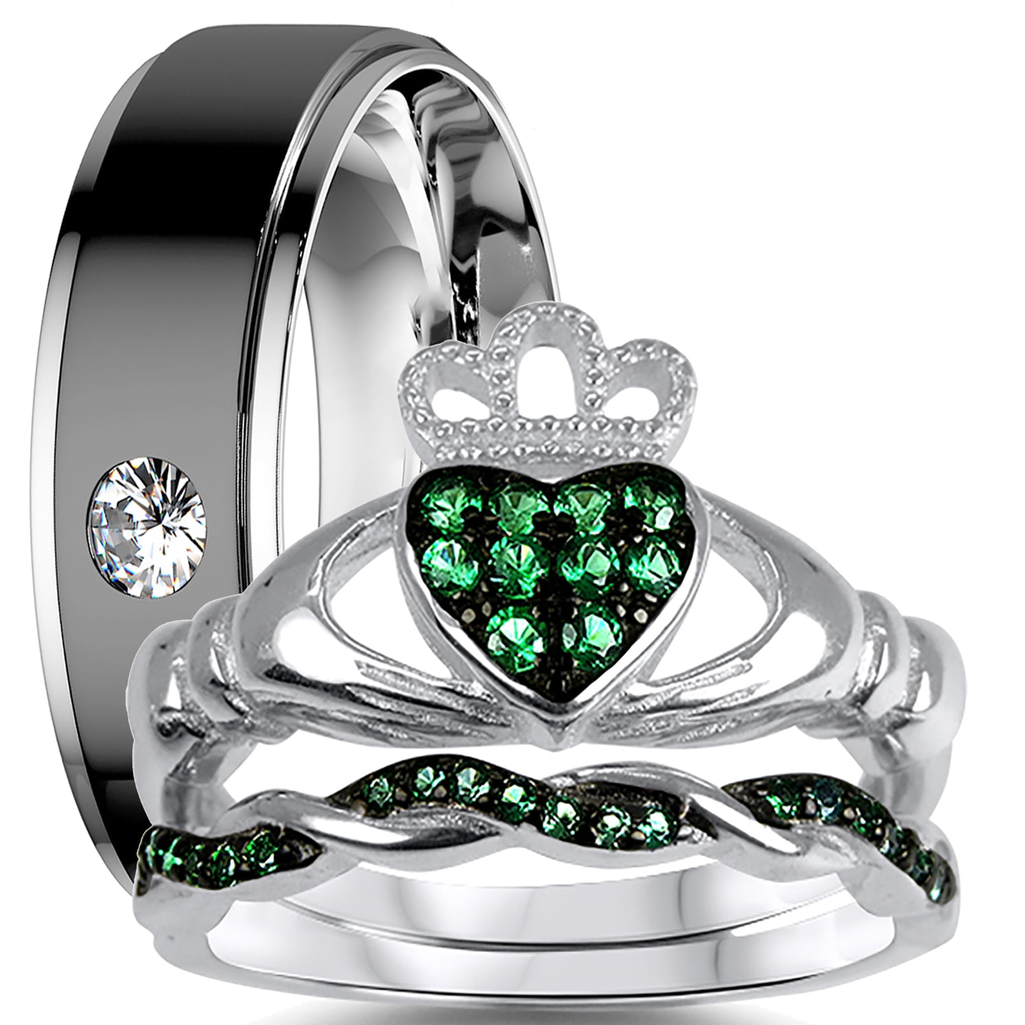 3pcs diamond halo ring emerald cut emerald engagement ring set rose go –  WILLWORK JEWELRY