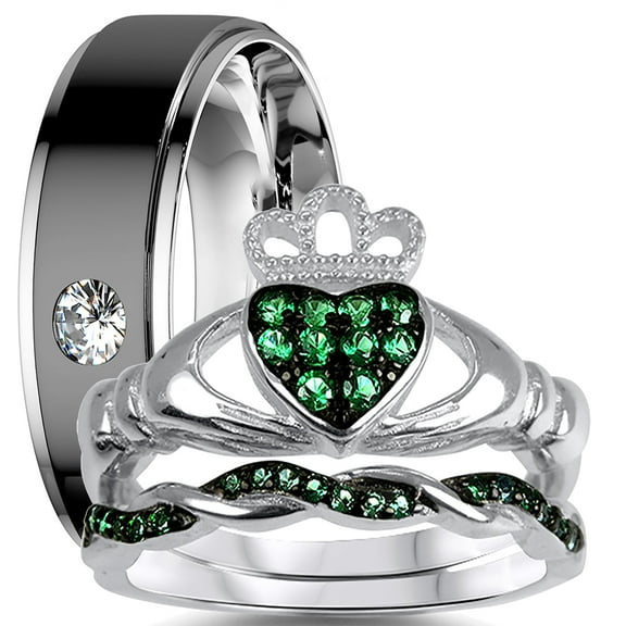 His Her Trio Wedding Ring Set 3 PCS Simulated Emerald Bridal Set Silver Black 316L Steel Men Women