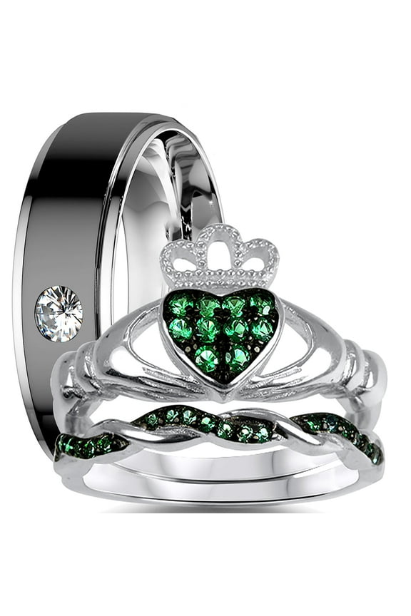 His Her Trio Wedding Ring Set 3 PCS Simulated Emerald Bridal Set Silver Black 316L Steel Men Women