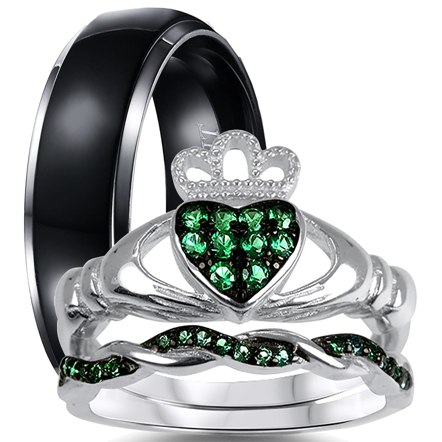 His Her Trio Wedding Ring Set 3 PCS Simulated Emerald Bridal Set Silver ...