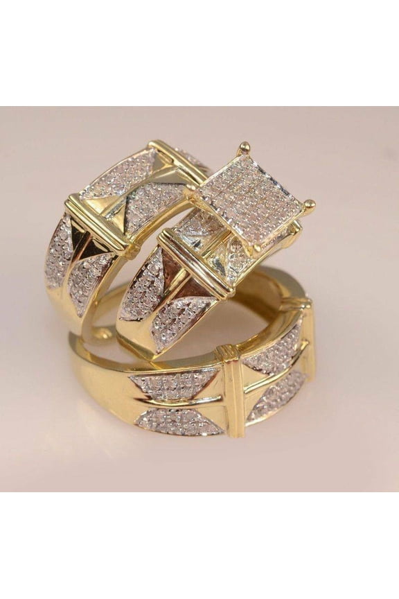 His & Her Wedding Couple Trio Ring Set 2ct Lab-Created Diamond 14K Yellow Gold Plated -10