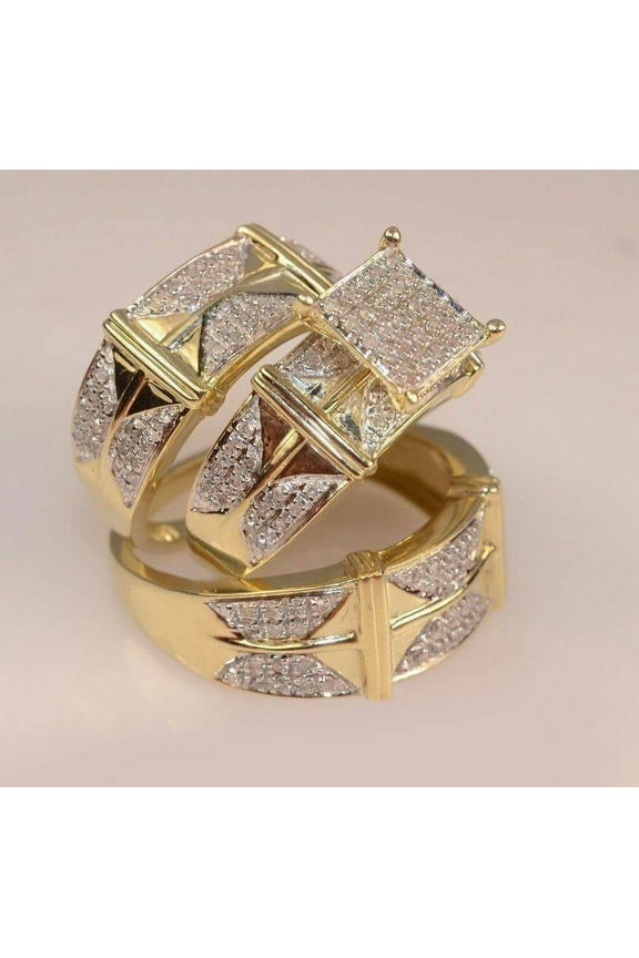 His & Her Wedding Couple Trio Ring Set 2ct Lab-Created Diamond 14K Yellow Gold Plated -6