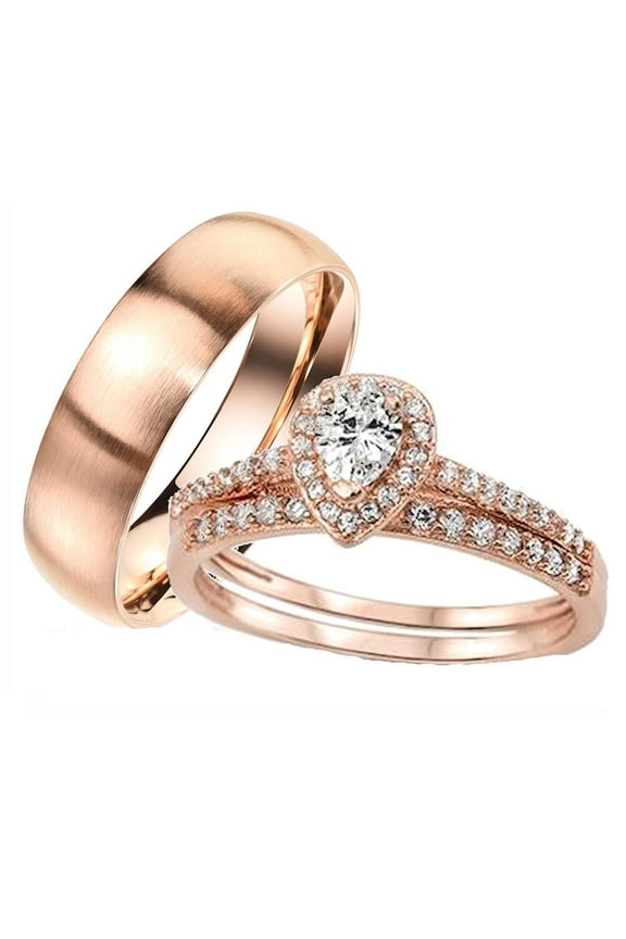 His Her Wedding Ring Set 3 Piece Engagement Rings Rose Gold Halo Cz Wedding Ring Set Women's 10 Men's 8