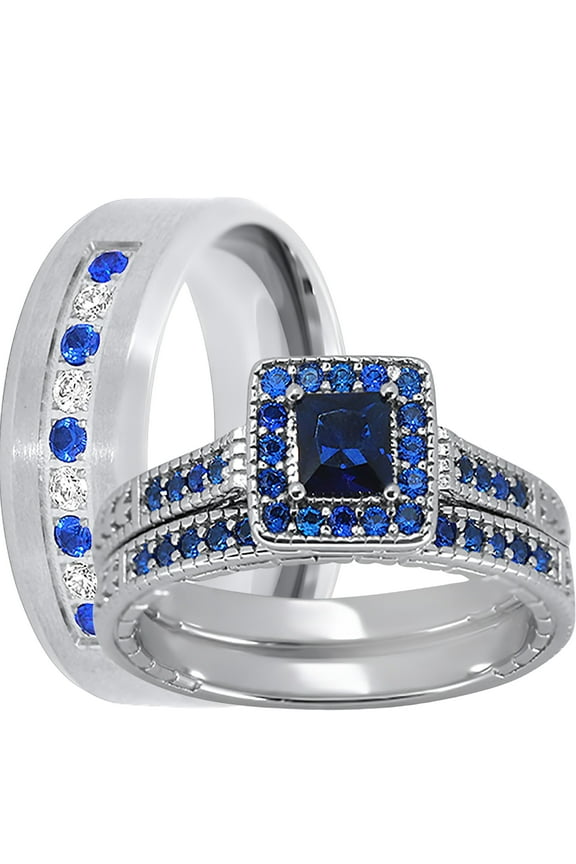 His Her Wedding Ring Set 3 Piece TRIO Blue CZ Silver Rings for Women Men Bride Groom 6/10