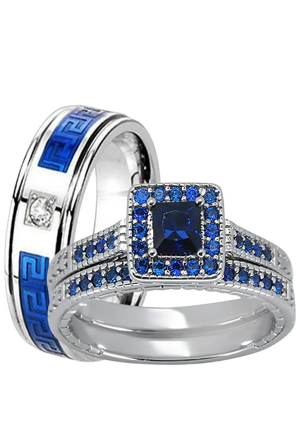 His Her Wedding Ring Set 3 Piece TRIO Blue CZ Silver Rings for Women Men Bride Groom 6/12