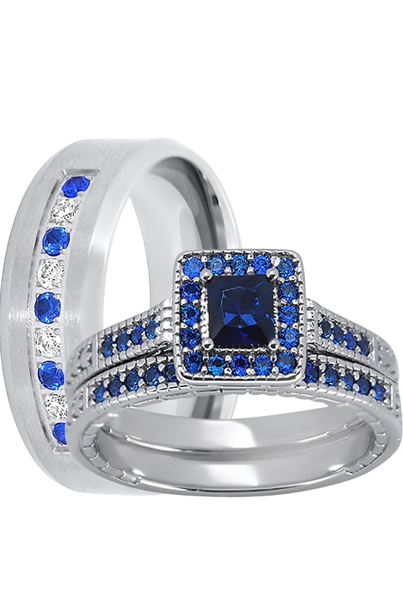 His Her Wedding Ring Set 3 Piece TRIO Blue CZ Silver Rings for Women Men Bride Groom 6/8