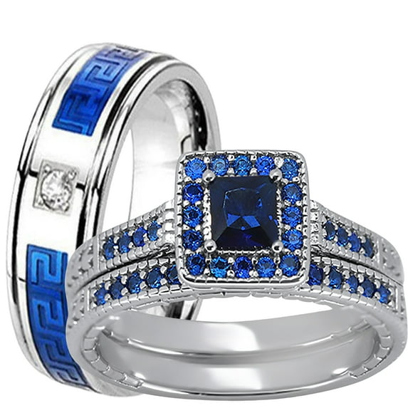 LaRaso & Co His Her Wedding Ring Set 3 Piece TRIO Blue CZ Silver Rings for Women Men Bride Groom 7/13
