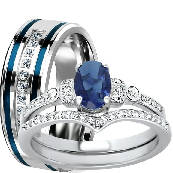 LaRaso & Co His Her Wedding Ring Set Blue CZ Silver Bridal Set Steel Wedding Band 5/9