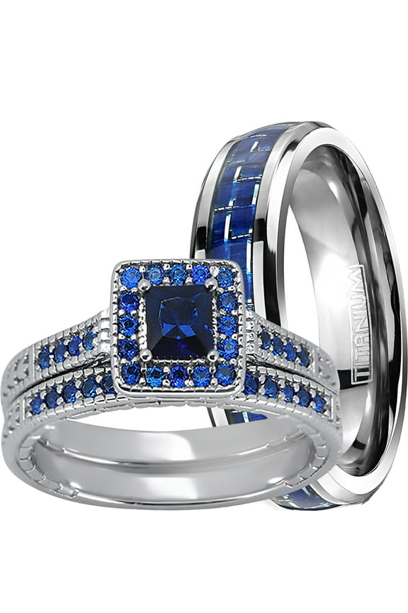 His Her Wedding Ring Set Blue Sapphire CZ TRIO Couples Rings 10/13