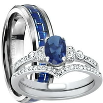 LaRaso & Co His Her Wedding Ring Set Blue Sapphire CZ TRIO Couples Rings 5/9