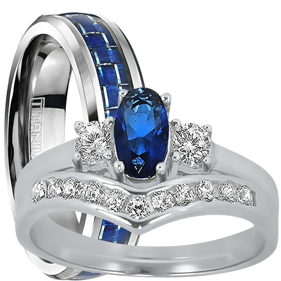 LaRaso & Co His Her Wedding Ring Set 3 Piece TRIO Silver Titanium Bridal Bands 5/9