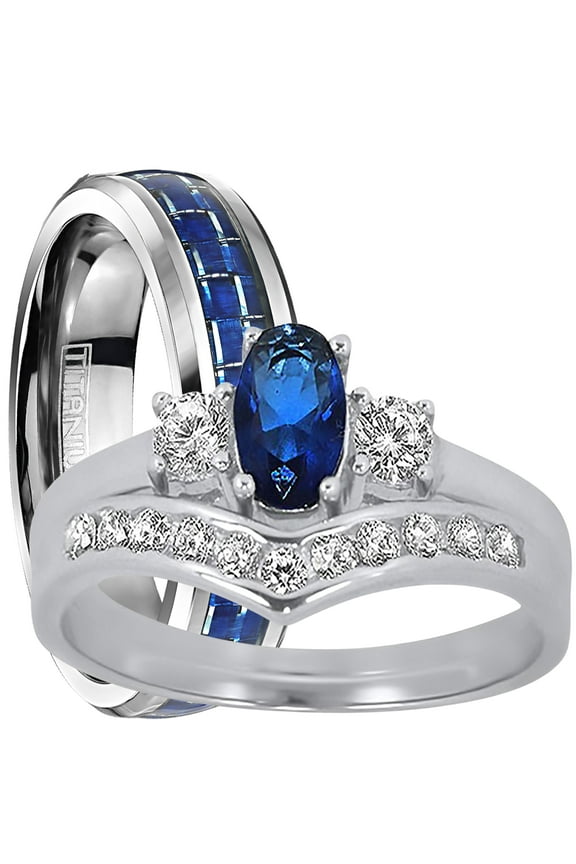 His Her Wedding Ring Set 3 Piece TRIO Silver Titanium Bridal Bands 8/9