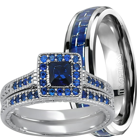 LaRaso & Co His Her Wedding Ring Set Blue Sapphire CZ TRIO Couples Rings 9/11