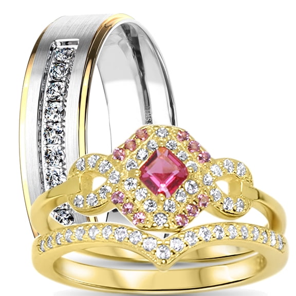 LaRaso & Co His Her Wedding Ring Set Ruby Red CZ Silver Bridal Engagement Set Gold Plated Wedding Band 8 9
