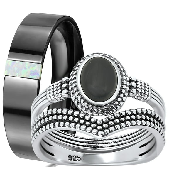 LaRaso & Co His Her Wedding Rings Sterling Silver Black Onyx Silver & Titanium Engagement TRIO Set Him Her 10/10