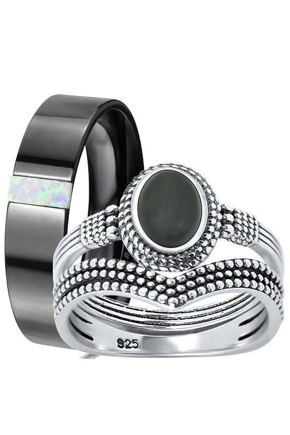 His Her Wedding Rings Sterling Silver Black Onyx Silver & Titanium Engagement TRIO Set Him Her 8/11