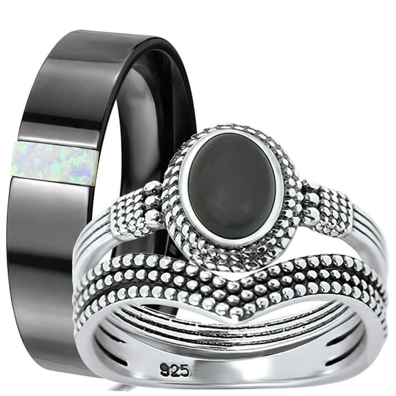 LaRaso & Co His Her Wedding Rings Sterling Silver Black Onyx Silver & Titanium Engagement TRIO Set Him Her 8/12