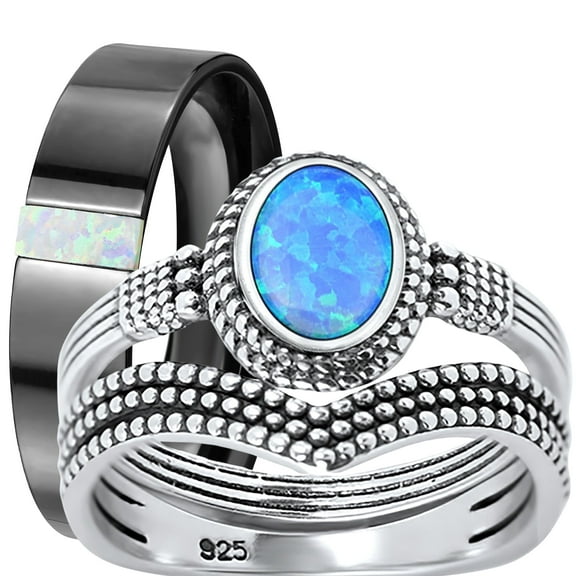 LaRaso & Co His Her Wedding Set Lab Blue Opal Silver Titanium Unique Bride Groom Rings