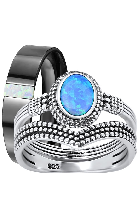 His Her Wedding Set Lab Blue Opal Silver Titanium Unique Bride Groom Rings