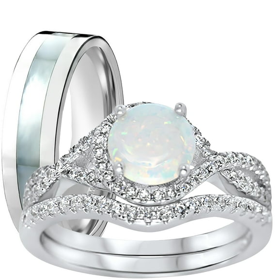 LaRaso & Co His Hers TRIO Wedding Ring Set Sterling Silver Opal CZ Engagement TRIO Set Him Her 10/10