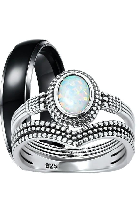 His Her Wedding Ring Set Silver Opal CZ Engagement TRIO Set Him Her 10/8