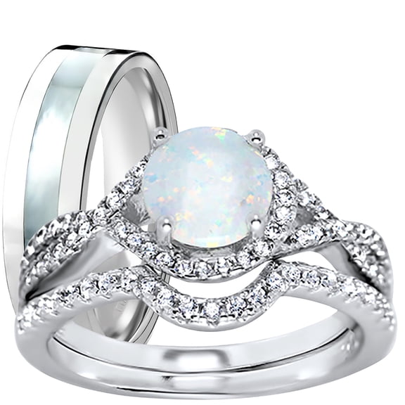 LaRaso & Co His Hers Wedding Rings Sterling Silver Opal CZ Engagement TRIO Set Him Her 10/11