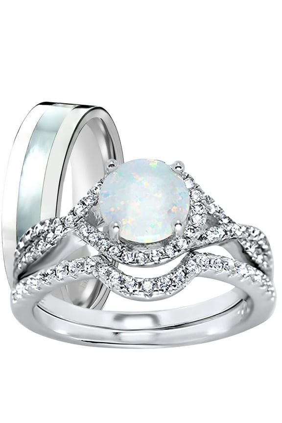His Hers Wedding Rings Sterling Silver Opal CZ Engagement TRIO Set Him Her 10/11