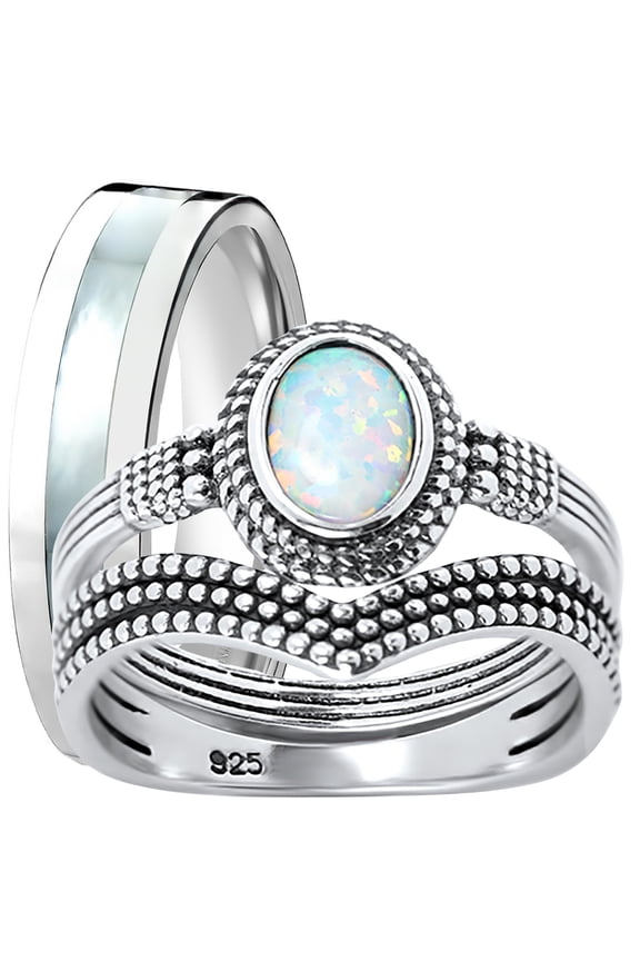 His Her Wedding Ring Set Silver Opal CZ Engagement TRIO Set Him Her 10/9