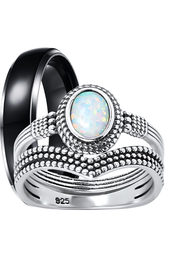 His Her Wedding Ring Set Silver Opal CZ Engagement TRIO Set Him Her 5/8