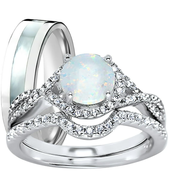 LaRaso & Co His Hers Wedding Rings Sterling Silver Opal CZ Engagement TRIO Set Him Her 6/10