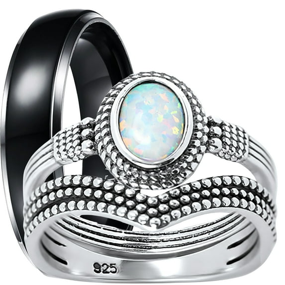 LaRaso & Co His Her Wedding Ring Set Silver Opal CZ Engagement TRIO Set Him Her 7/10