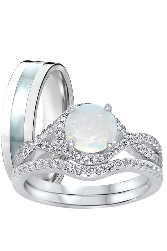 His Her Wedding Rings Sterling Silver Opal CZ Engagement TRIO Set Him Her 8/12