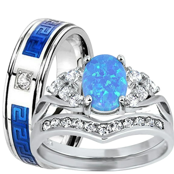 His Her Wedding Set 3 Piece TRIO Blue Opal CZ Silver Rings for Women Men Bride Groom 5/8