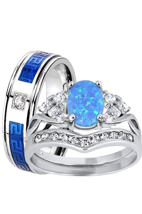 His Her Wedding Set 3 Piece TRIO Blue Opal CZ Silver Rings for Women Men Bride Groom 5/8