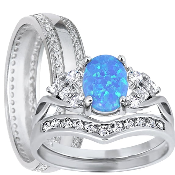 LaRaso & Co His Her Wedding Set 3 Piece TRIO Blue Opal CZ Silver Rings for Women Men Bride Groom 6/10