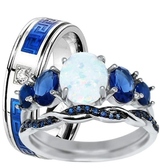LaRaso & Co His Her Wedding Set 3 Piece TRIO Opal Sapphire CZ Silver Rings for Women Steel Men 6/11