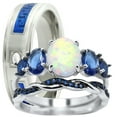 thumbnail image 1 of His Her Wedding Set 3 Piece TRIO Opal Sapphire CZ Silver Rings for Women Steel Men 7/9, 1 of 6