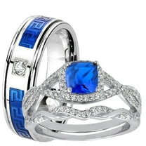 His Her Wedding Set 3 Piece TRIO Simulated Sapphire CZ Silver Rings for Women Steel Men 5/8