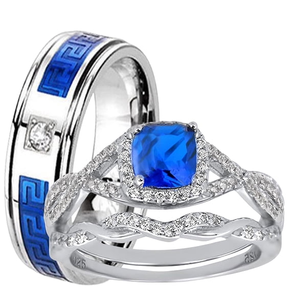 His Her Wedding Set 3 Piece TRIO Simulated Sapphire CZ Silver Rings for Women Steel Men 7/8