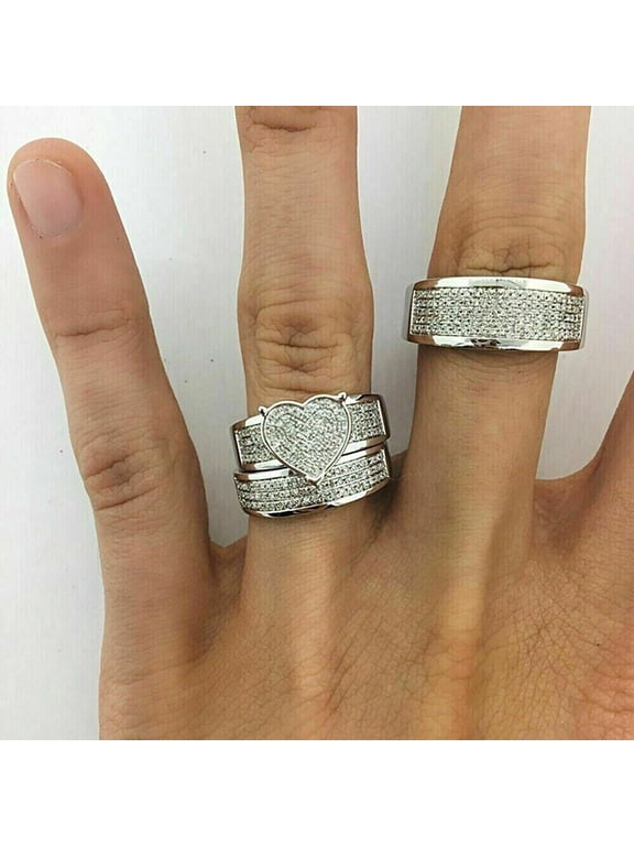 His & Her Wedding Trio Ring Set - 2.76ct Round Cut Diamond Ring Set - 925 Sterling Silver - Promise Trio Ring For Promise Size 14