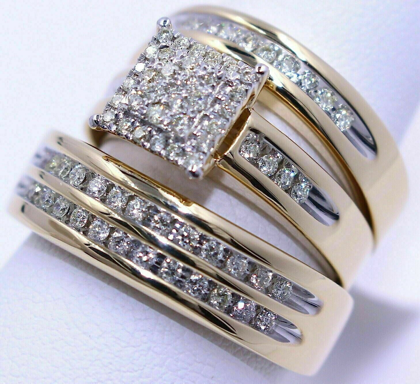 SILVER STARS GEMS & JEWELLERY His & Her Wedding Trio Ring Set 3Ct Round Simulated Diamond 14k Yellow Gold Plated 925 Silver