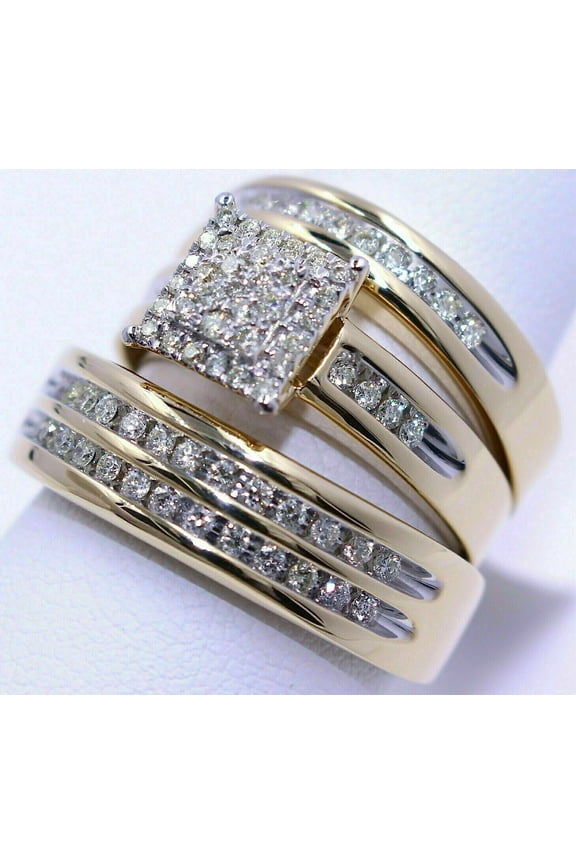 His & Her Wedding Trio Ring Set 3Ct Round Simulated Diamond 14k Yellow Gold Plated 925 Silver