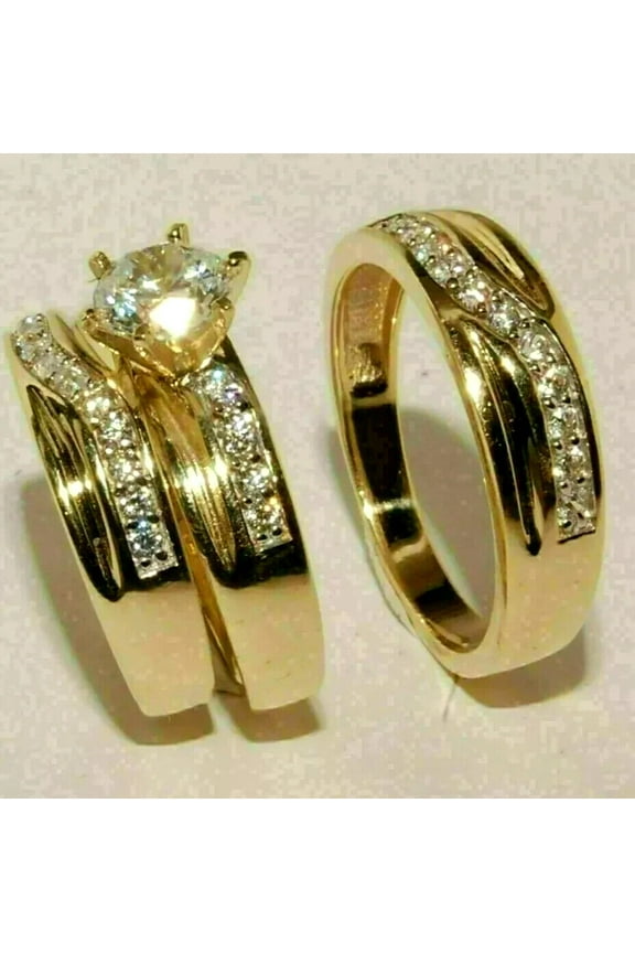 His & Her White Round Cut Diamond 14K Yellow Gold Plated Engagement Wedding Trio Ring Set