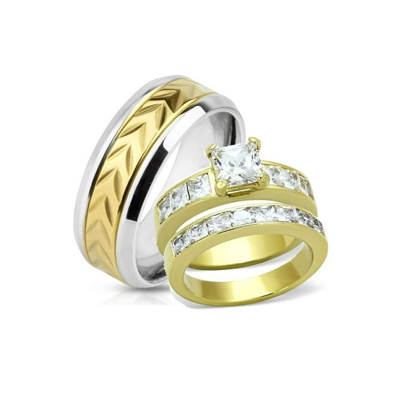 His Her Yellow Gold Plated Stainless Steel Cz Wedding Ring Set
